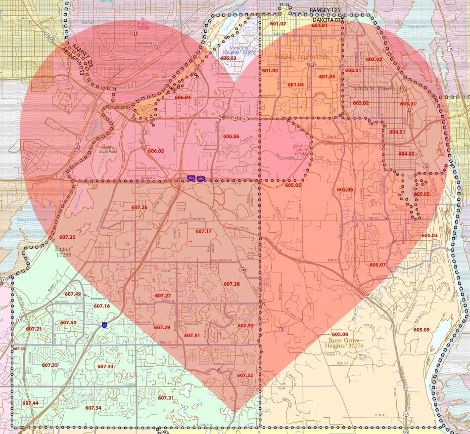 Stylized heart-shaped illustration of the five-city Dakota County launch area, not an official district or voting map.